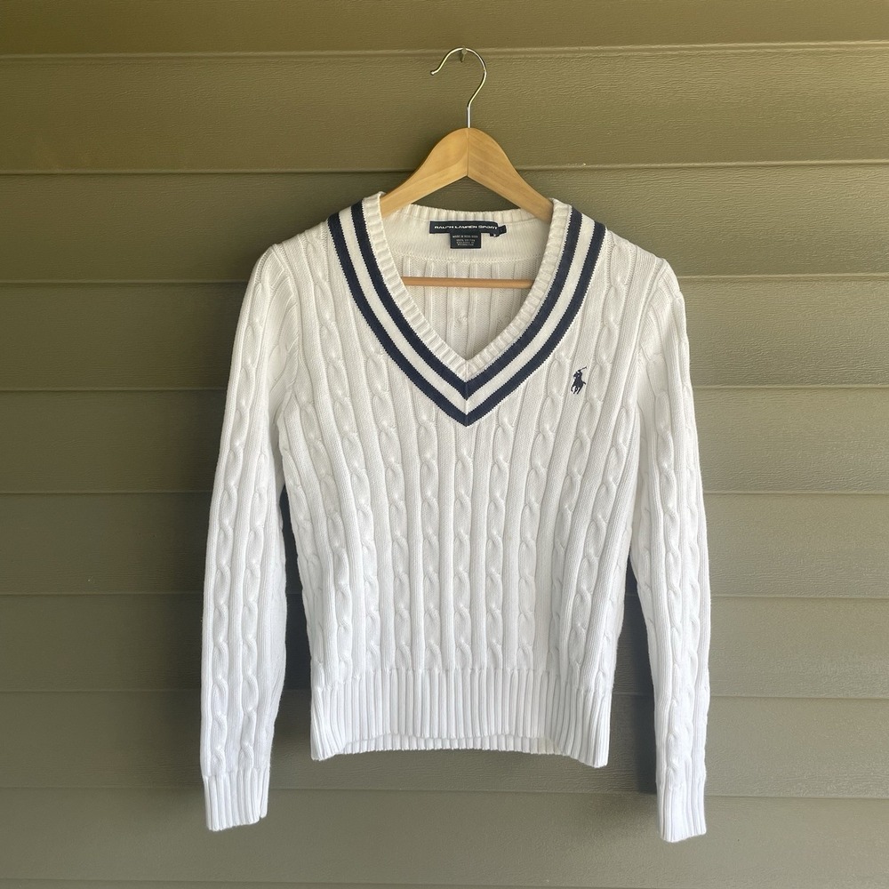 Vintage Ralph Lauren Sport Cable Knit Cricket Sweater Womens L White Navy Cotton